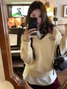 DAZY 女式拼色韩版休闲毛衣，秋冬 - 卡其色 - 查看 5