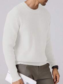 Manfinity Homme Jersey casual de cuello redondo y mangas raglán de unicolor para hombres, suéter de punto color crema para hombres - Beis - Ver 5