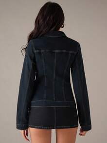 SHEIN BAE Autumn Winter Party: Stylish And Sexy Dark Blue Denim Stand Collar Zipper Slim Fit Coat, Casual Denim Coat, Suitable For Casual Commute, Winter Coat, Going Out, Winter For Women, Christmas For Women, New Year Women's - Dark Wash - View 2