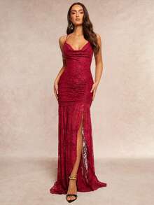 Silquee 浪漫深V领性感蕾丝吊带不对称荷叶边A字开衩长裙，适合情人节、圣诞节、约会/外出/夜店派对/聚会、优雅派对/日常约会、鸡尾酒会、派对/约会/宴会等场合，情人节和夜晚外出，姐妹聚会礼服 - 酒紅色 - 查看 4