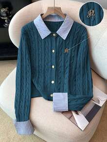 Elnivra Y2K Stylish Fashionable Blogger-Inspired 2 In 1 Patchwork Knit Cropped Cardigan, European And American Style,Street Chic - Teal Blue - View 2