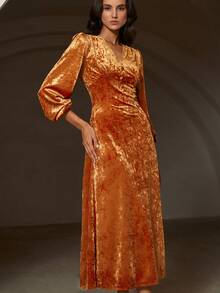 Revavyn Velvet Embossed Fabric Elegant Long V-Neck Button Decor Dress - Coral Orange - View 5