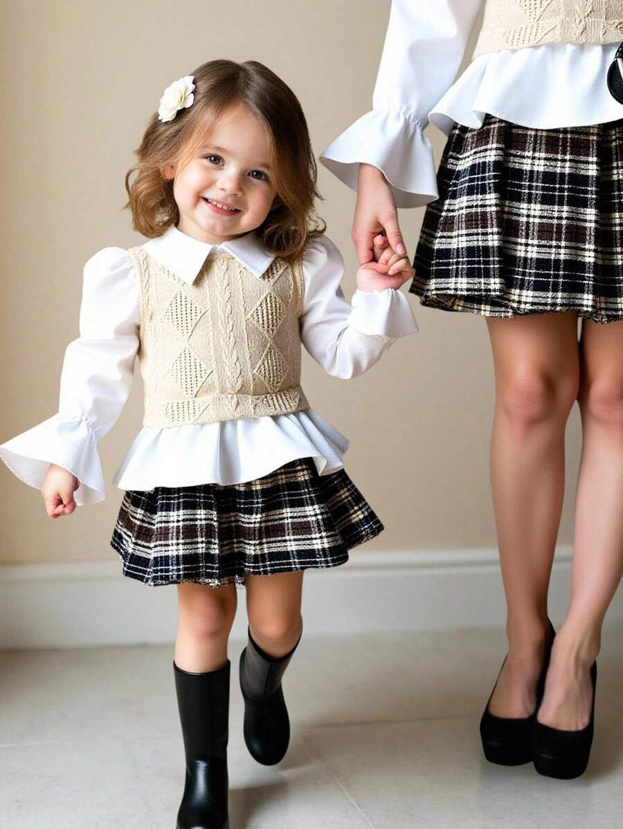 SHEIN 2-Piece Cute Baby Girl Casual And Simple Two Pieces Textured Sweatshirt With Splicing Woven Material Lapel Sweatshirt And Plaid Pleated Skirt Set. Suitable For Birthday Parties, Evening Parties, Performances, Weddings, Baptisms, And Opening Ceremonies. Suitable For Daily Use And Travel. Suitable For Autumn And Winter Estilos Acogedores De Otoño&Invierno Skirt Homecoming Dresses Gemütliche Herbst- & Winterstile