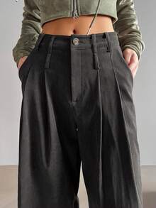 DAZY Women's Solid Color Pleated Pocket Wide Leg Loose Casual Pants - Dark Grey - View 6