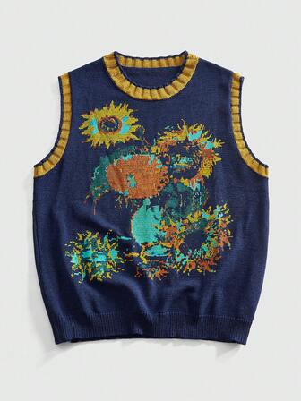 Street Life Men's V-Neck Sunflower Print Knitted Sweater, Retro