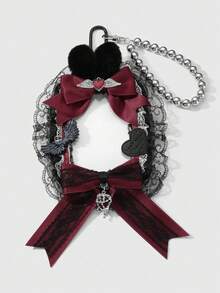 ROMWE Anime 1pc Y2K Goth Style Handmade Beaded Necklace With Silver CCB, Black & White Lace, Faux Fur, Red Ribbon Bow, Acrylic Wings, Liquid Chain, Leather Letters, Heart, White Acrylic Card Holder, Suitable For Students, Idol Fans, Women, Daily Wear, Holiday Gift - Black red - View 12