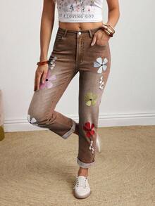 EMERY ROSE Plus Size Colorful Floral Embroidered Jeans - Coffee Brown - View 5