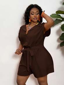 Slaydiva 2025 New Versatile Casual All-Match Beach Short Sleeve Jumpsuit/Rompers For Women, Summer, With Belt - A Brown Dress Plus Size Brown Romper Plus Size Short Sets Earthy Plus Size Brown Romper Women