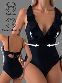 Swim Basics Đồ bơi một mảnh cổ chữ V xếp nếp màu trơn thoải mái, co giãn cao, thường ngày đi biển cho nữ mùa hè - màu đen - Xem 3