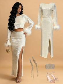 SHEIN Raffinéa 2pcs Christmas Sequin Set, Cropped Top With Keyhole Back Neckline And Side Slit Skirt, Autumn/Winter