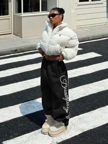 Muchica Women's Embroidered Casual Loose Thermal Lined Sweatpants, Black & White, Autumn/Winter Streetwear - Black - View 5