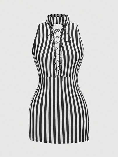Goth Sexy Gothic Deep V Lace-Up Striped Bodycon Backless Dress