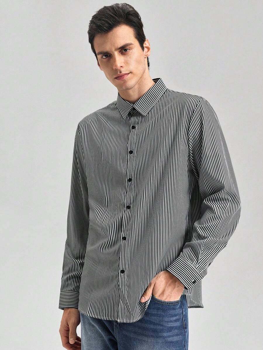 Officeau Camisa de vestir de manga larga con estampado de rayas, de estilo casual elegante para hombres, apta para primavera y verano