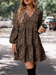 SHEIN LUNE Vestido casual de mujer con cuello en V, estampado floral, mangas farol y volante en el bajo, adecuado para otoño/invierno, estampado de leopardo