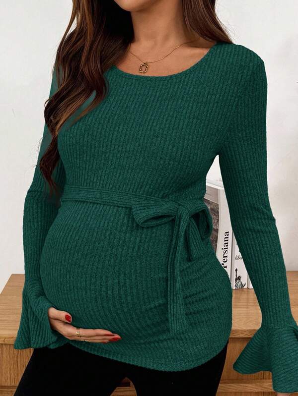 SHEIN Maternity Casual Solid Color Ribbed Waist Flare Sleeve T-Shirt Green Maternity Top Dress For Pregnant Women Pregnancy Clothes Green Maternity Dress Maternity Clothes Fall Winter