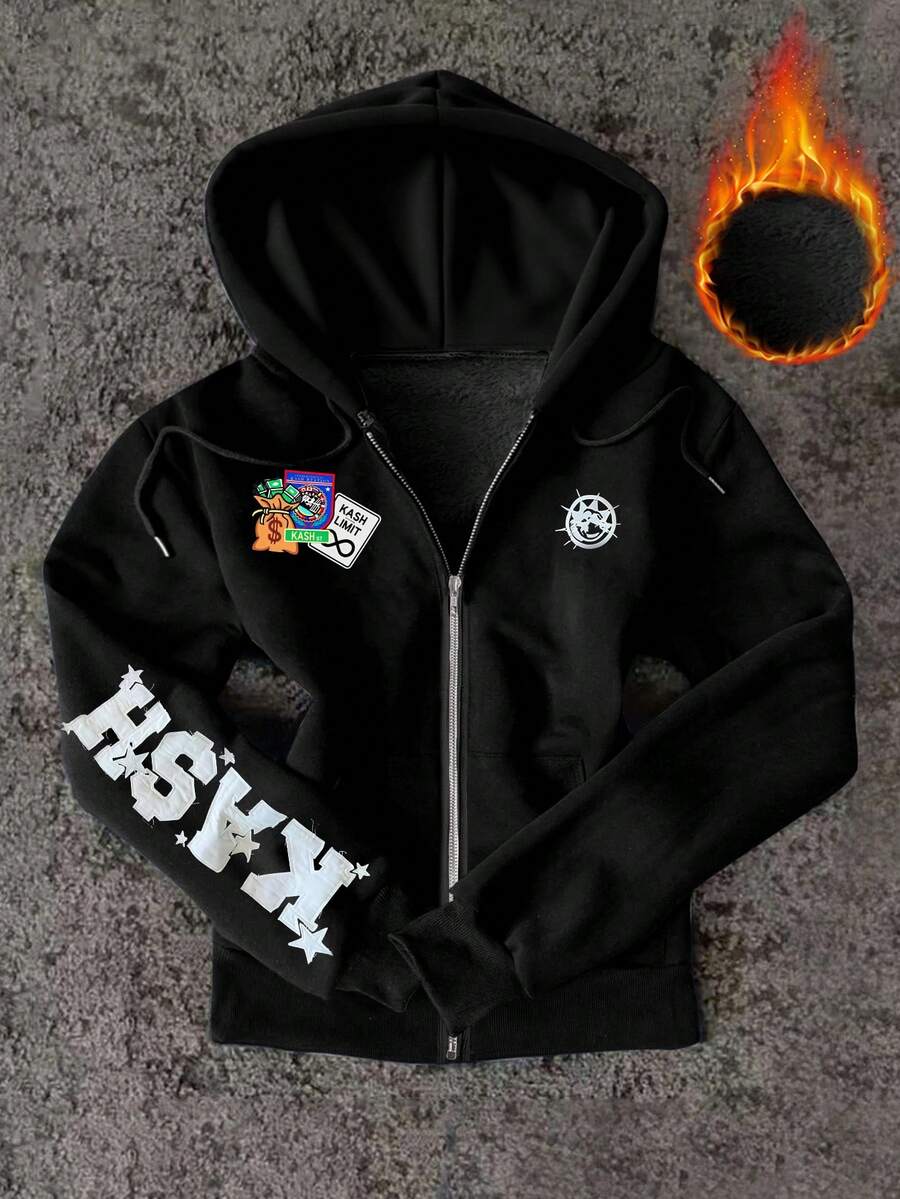 INAWLY Noixe 女士休闲字母刺绣做旧羊毛连帽夹克,街头涂鸦印花卫衣。秋冬连帽夹克,专为狂欢设计 - 黑色 - 查看 1