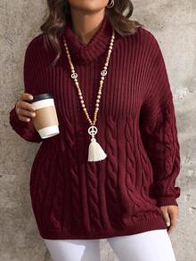 SHEIN LUNE Áo len chui đầu tay dài cổ cao hở vai cỡ lớn cho nữ, mùa thu/đông - Màu Đỏ Sâu - Xem 3