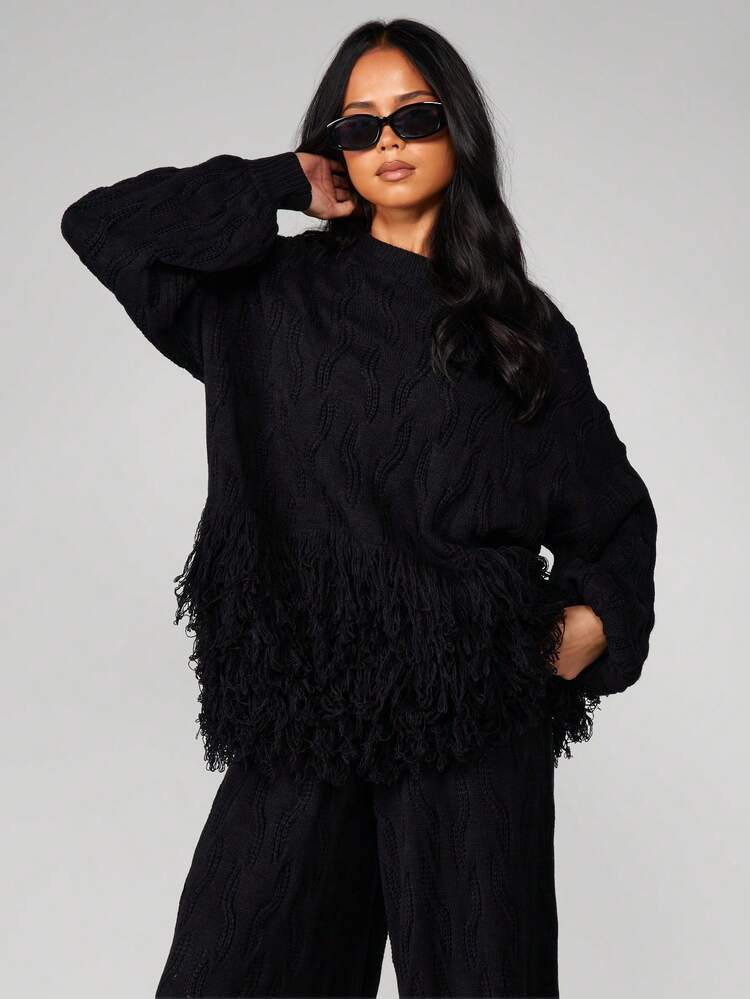 MISSGUIDED Oversized Cable Knit Sweater With Fringe Hem Detail Long Sleeve Chunky Pullover Jumper Fall Winter