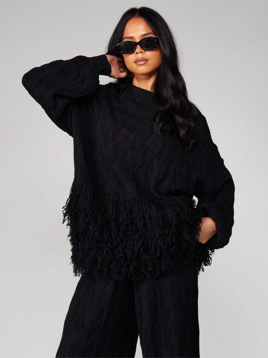 MISSGUIDED Oversized Cable Knit Sweater With Fringe Hem Detail Long Sleeve Chunky Pullover Jumper Fall Winter - Black - View 1