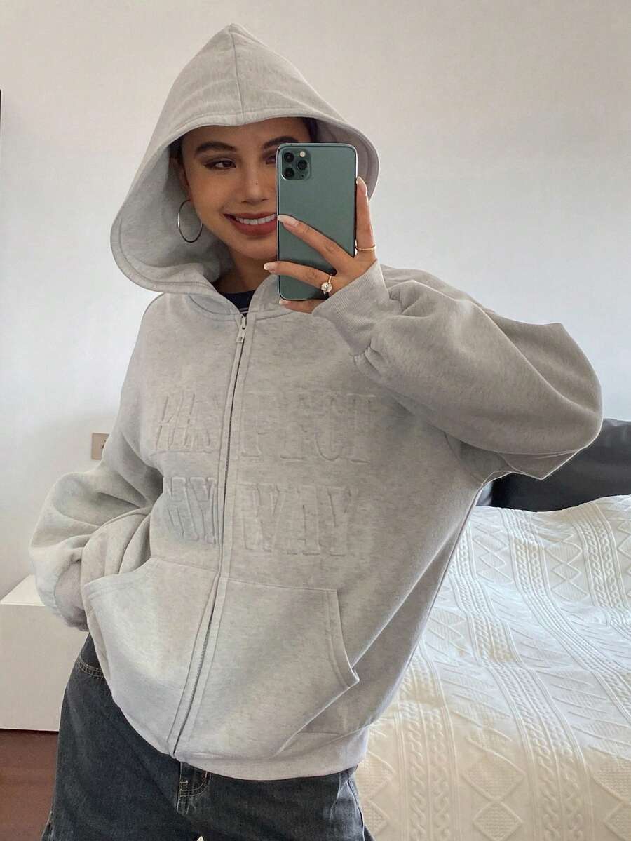 DAZY 女士保暖内衬字母印花宽松休闲连帽长袖街头风卫衣，秋冬款 - 灰色 - 查看 1
