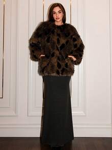 SHEIN Glamour 女式宽松长袖时尚黑棕染色尖头狐狸夹克，冬季 - 咖啡棕 - 查看 5