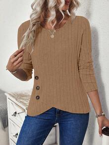 SHEIN LUNE Women's Basic Solid Color Ribbed Long Sleeve T-Shirt, Casual Everyday Wear - Khaki - View 4