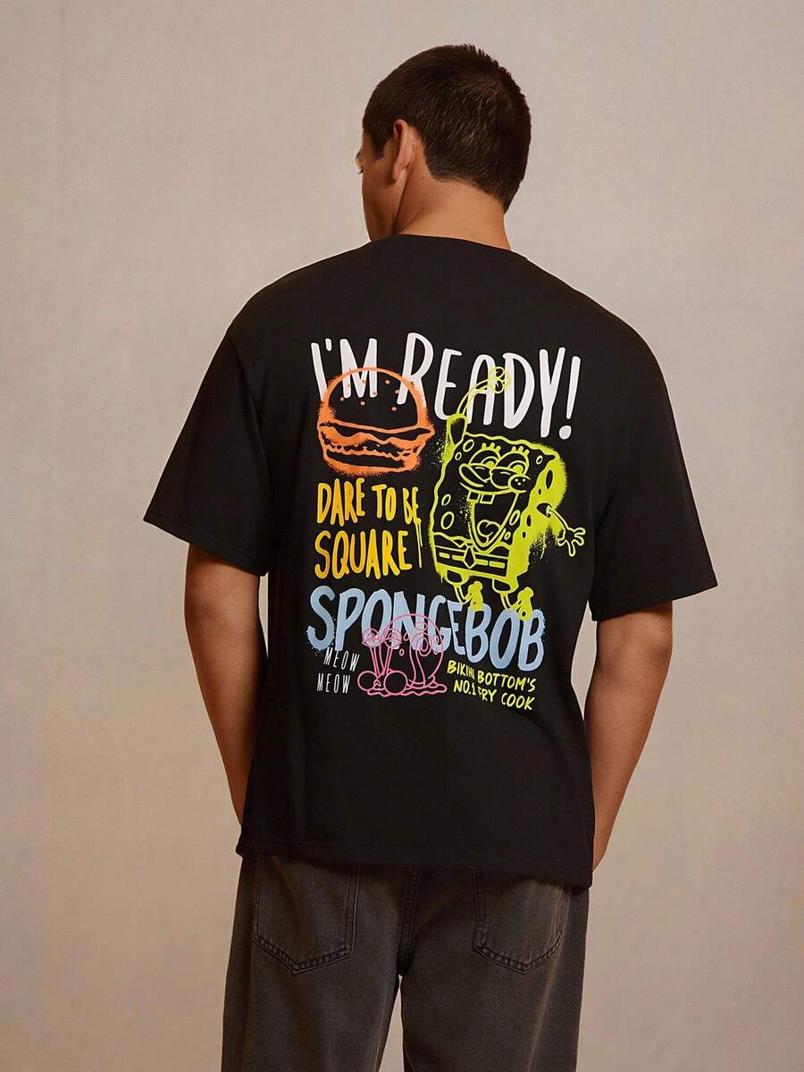 SpongeBob SquarePants | SHEIN Men's Letter & Cartoon Graphic Round Neck Short Sleeve T-Shirt - Black - View 1