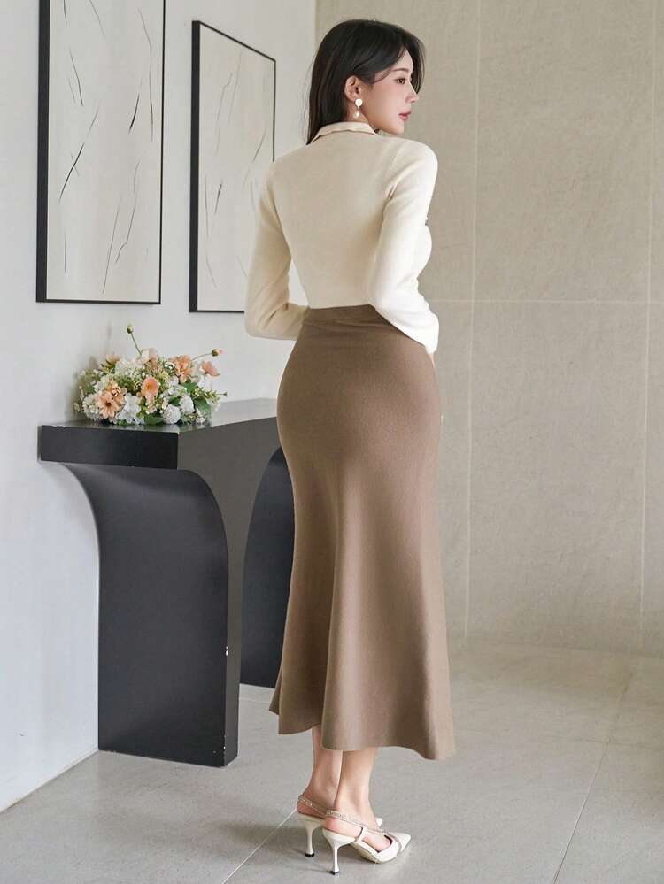 Women's Elegant Contrast Color Collar Knitted Sweater Dress, Autumn