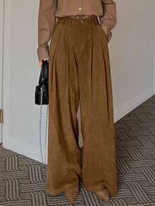 DAZY Women's Solid Color Pleated Pocket Wide Leg Loose Casual Pants - Coffee Brown - View 4
