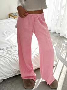 CovetEZ Women's Autumn And Winter Thick Warm Sweatshirt Knitted Pink Trousers Plaid Texture Solid Pink Waffle Casual Sports Pants, Autumn And Winter Christmas Pink Trousers Sweet Trousers Waffle Clean Girl Trousers - Pink - View 6