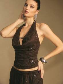 Poéselle 女式低胸亮片设计性感短款露背衬衫