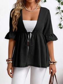 EMERY ROSE Plus Size Women V-Neck Ruffle Tie Flare Sleeve Casual Jacket Top - Black - View 5