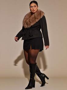SHEIN BAE Plus Size Fashion Fur Collar Belted Jacket, Autumn/Winter - Black - View 2