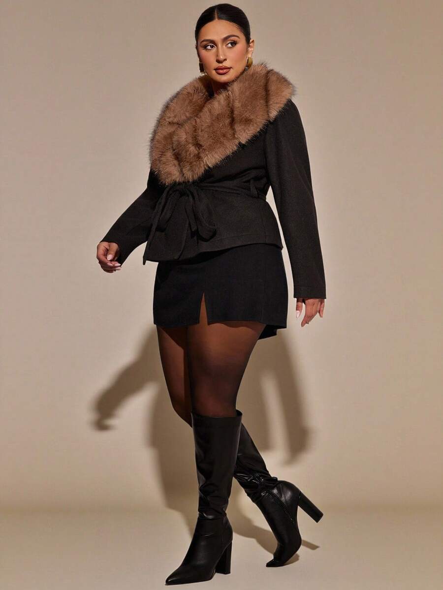 SHEIN BAE Plus Size Fashion Fur Collar Belted Jacket, Autumn/Winter