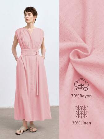 Aalyst Robe longue d'été pour femme en lin ample, de couleur unie, à col V, sans manches, avec ceinture à la taille, passants, poches. Idéale pour le bureau et les vacances