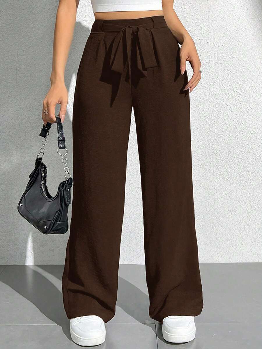 SHEIN PETITE 純色綁帶直筒寬鬆休閒高腰寬腿褲,秋季,女款秋裝,女款冬裝,小個子女性 - 摩卡棕 - 查看 1