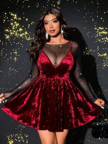 Viva Relle Bộ 2 chiếc áo hai dây lưới mỏng gợi cảm cỡ lớn và váy ngủ - Màu Đỏ Sâu - Xem 1