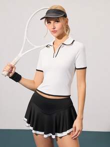 Gameset SHEIN Sport Women's Colorblock Short Sleeve Casual Daily Fitness Sports Polo - Black and White - View 3
