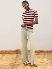 Maija 女士多色波浪条纹休闲度假浪漫时尚修身圆领短袖几何波浪提花针织沙滩波西米亚风度假T恤，夏季海滩，波西米亚风度假装，四季皆宜的ins明星同款度假风，异域风情，乡村音乐会，西部风情，高档面料，舒适透气 - 彩色 - 查看 2