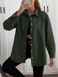 EURMUSE Solid Color , Rhinestone Details, Over Shirt Jacket - Army Green - View 3