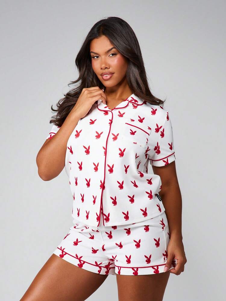 Missguided x Playboy Christmas Print Button Down Pajama Set