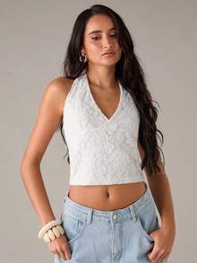 SHEIN BAE 女款純色掛脖露背休閒短版優雅蕾絲上衣 - 白色 - 查看 3