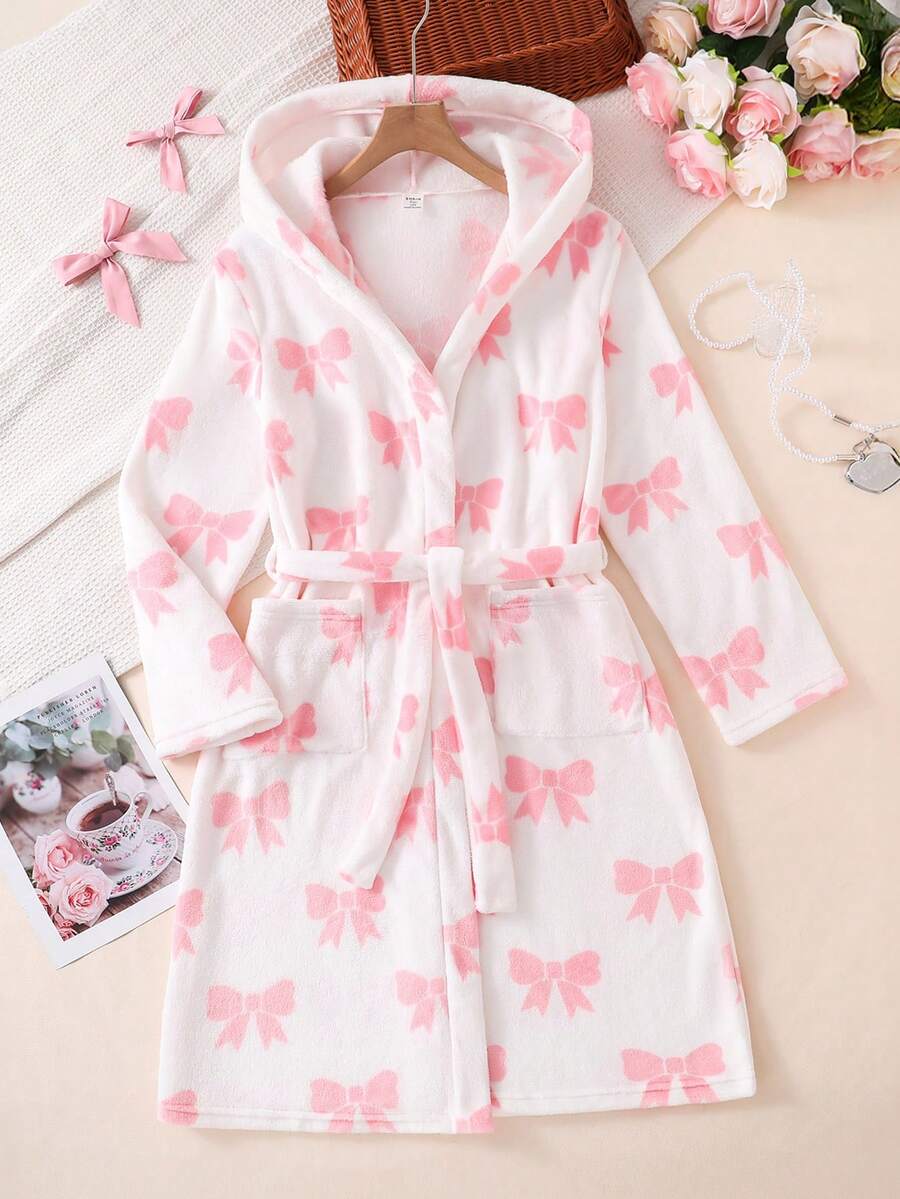 少女简约可爱蝴蝶结装饰舒适长袖连帽家居服 - 彩色 - 查看 1