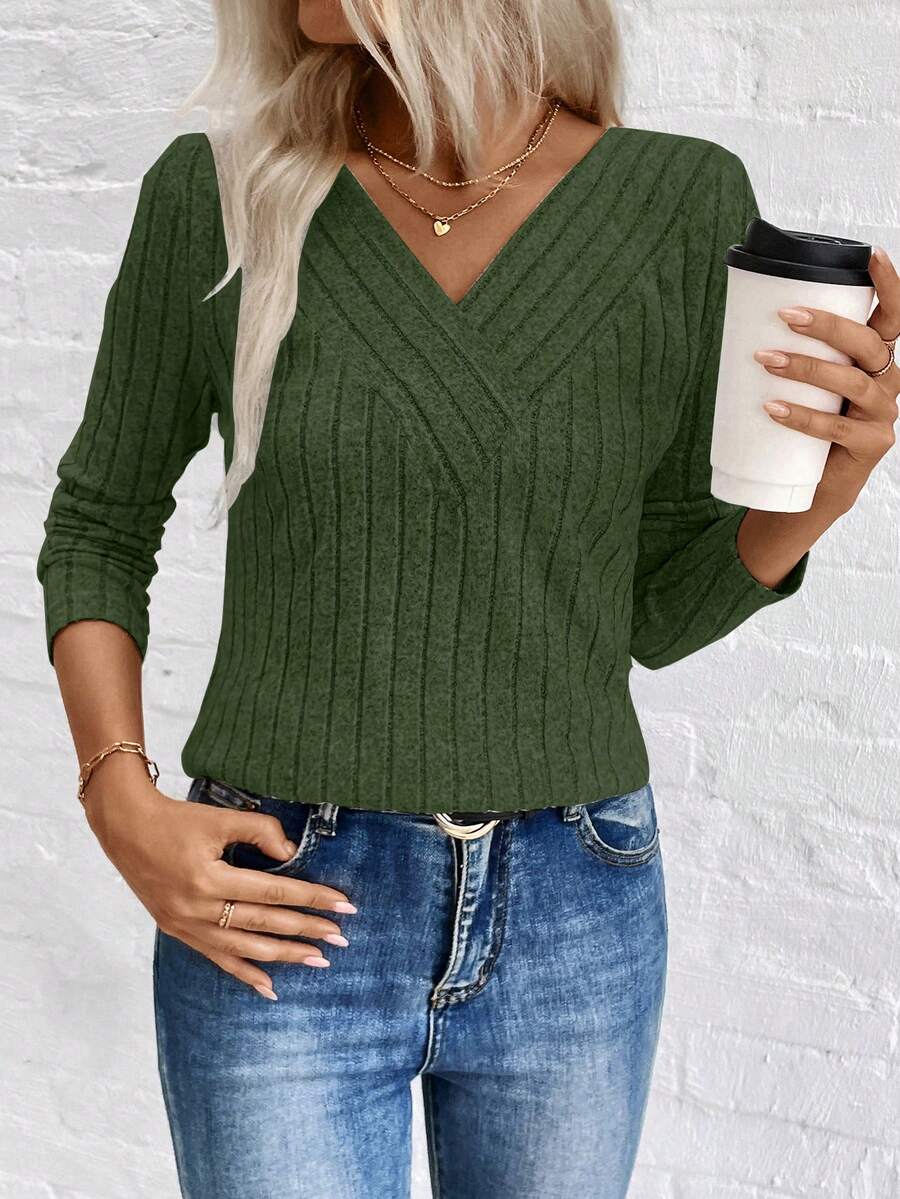 SHEIN LUNE LUNE V领拉绒罗纹女上衣,跨境电商秋冬新品 - 綠色 - 查看 1