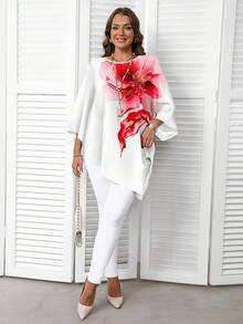 EMERY ROSE 母亲节休闲简约红色大码不对称花卉七分袖全身印花大码衬衫，春夏假期