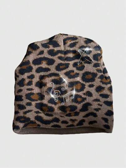 Goth 1pc Brown Y2K Babe Leopard Print Textured Music Note Rhinestone Decor Minimalist Knit Hat, Suitable For College, Music Festivals, Dates, Etc.