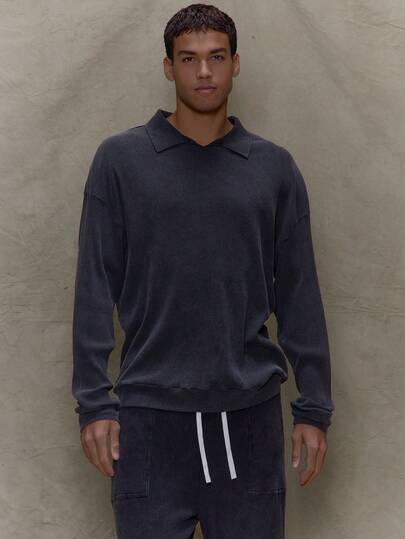 Musero Camisa tipo polo de manga larga con costillas, sin botones, jersey para otoño/primavera-verano