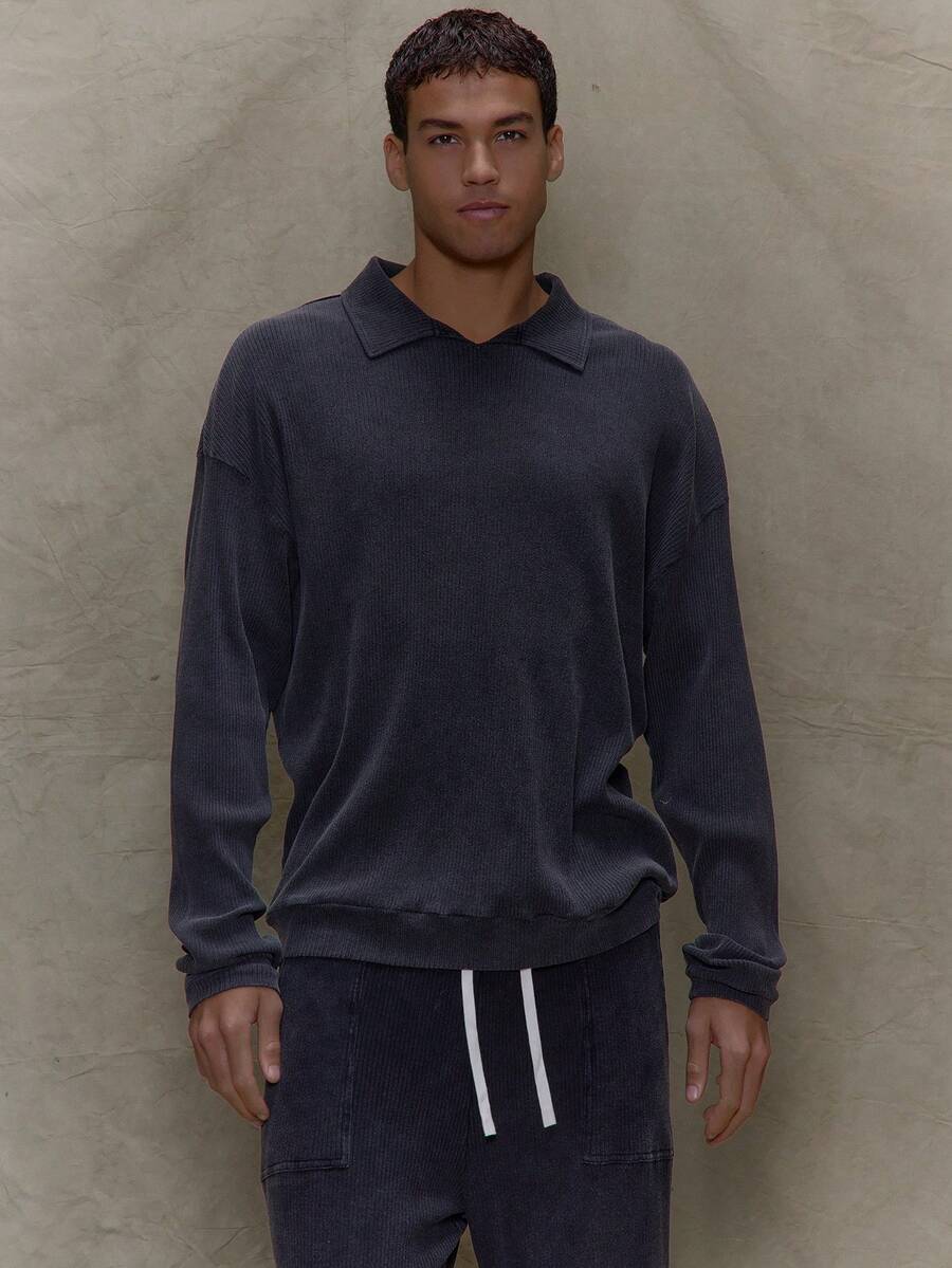 Musero Long Sleeve Ribbed Button Less Polo Shirt Jersey Top Only Fall/Autumn Winter - Black - View 1