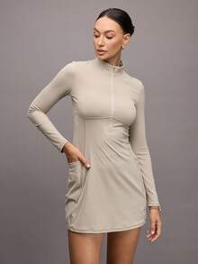 Activina Women's Solid Color Long Sleeve Zipper Half Placket Pocket Design Sports Dress