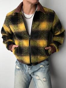 Manfinity Roghcode Men's Yellow Plaid Long Sleeve Patchwork Collar Zip-Up Jacket,Vintage Grunge Streetwear Shacket,Autumn Holiday Baggy Windbreaker Winter Sweater Jacket - Multicolor - View 7